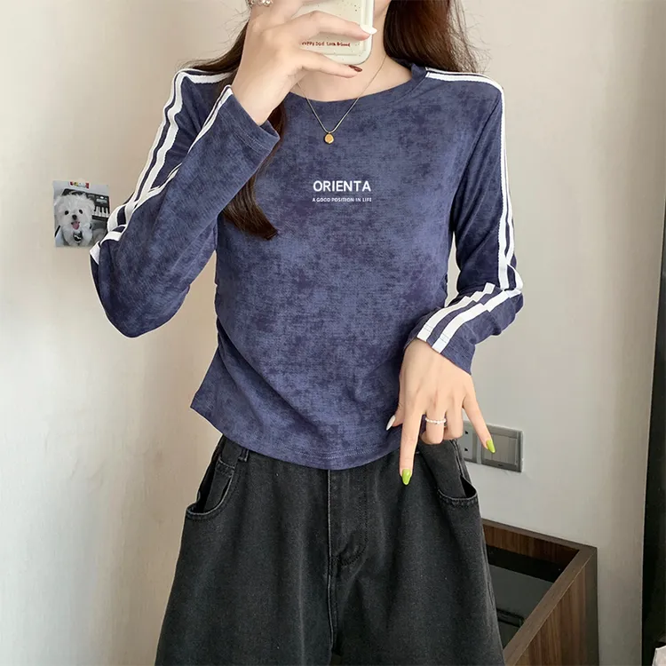 2025秋季正肩褶皱圆领长袖T恤女内搭修身打底衫扎染美式纯棉上衣