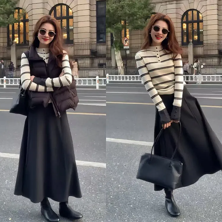 韩系氛围感穿搭秋冬2025新款条纹百搭打底衫保暖马甲半身裙三件套