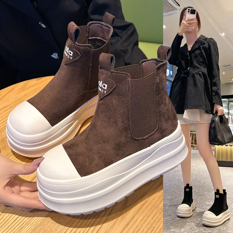 真皮厚底切尔西靴女2025秋冬新款百搭增高休闲短靴ins潮鞋马丁靴