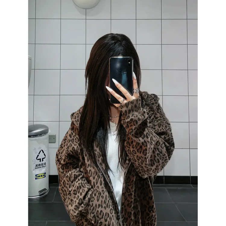 HIPA单品店豹纹华夫格卫衣女秋冬连帽开衫情侣装保暖长袖拉链外套