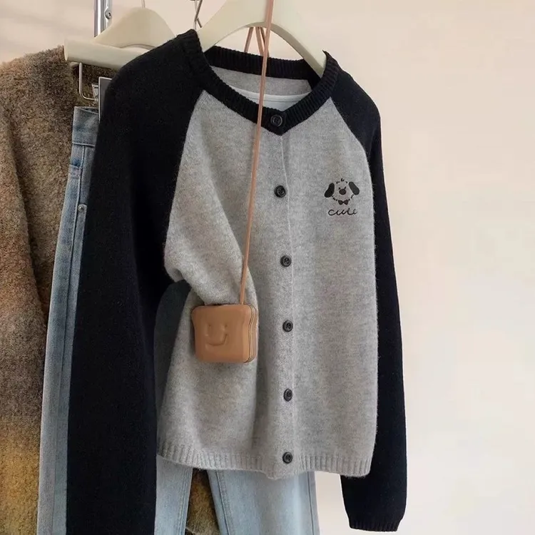 【80-180斤】复古港风撞色针织衫外套女秋冬洋气减龄拼色外穿毛衣潮