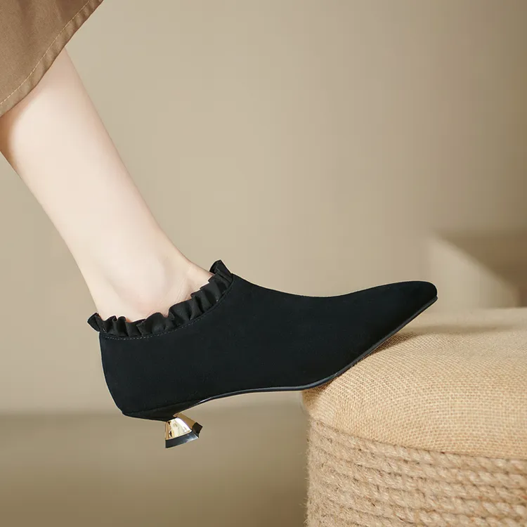 高跟单鞋女真皮深口鞋中跟黑色细跟春秋季低跟尖头百搭小跟女鞋子