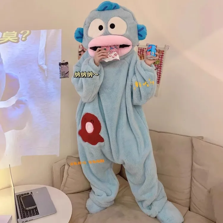 丑鱼连体睡衣冬季珊瑚绒加厚加绒冬天情侣卡通搞怪睡袍家居服mko