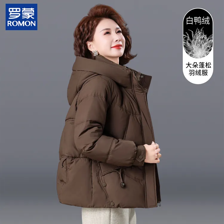 罗蒙品牌妈妈冬装羽绒服2025新款中老年女装冬季保暖白鸭绒厚外套