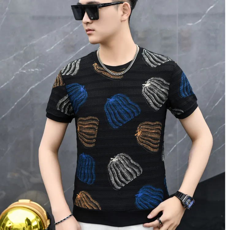 夏季新款冰丝休闲简约高品质欧货男士圆领韩版修身短袖T恤半袖016