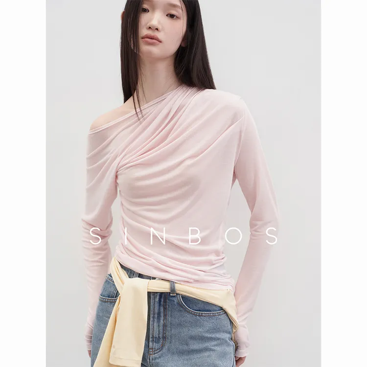 SINBOS雾 轻薄透气 别致纯欲美 舒软露肩高弹层次感褶皱打底衫女