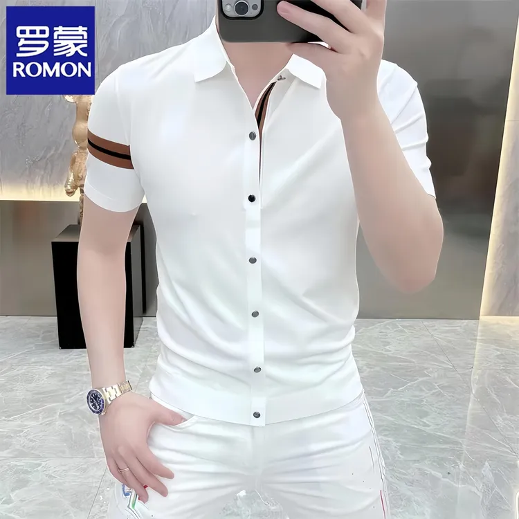 罗蒙2025夏季新款高档轻奢针织短袖T恤男士衬衫痞帅修身衬衣翻领t
