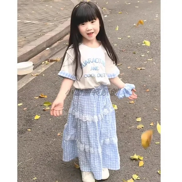 女童可爱卡通猫咪上衣两件套格子裙2025夏季新款中大儿童女孩套装