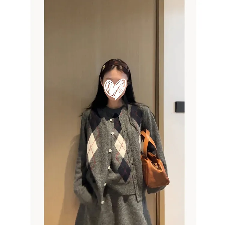 【返校生】菱格针织背心开衫慵懒复古A字半裙秋季套装三件套