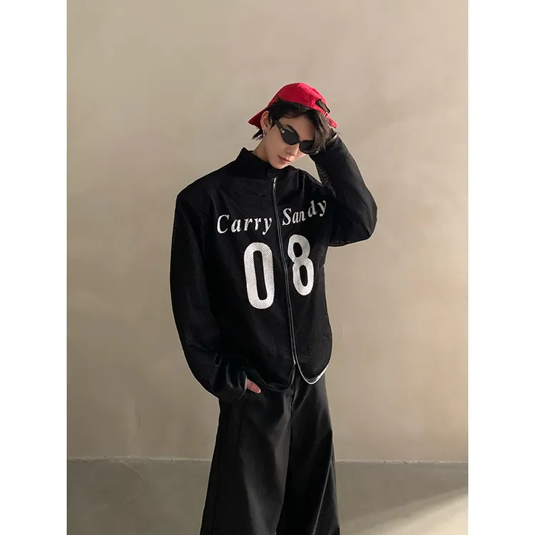 LINYILUCK/高级感痞帅网洞宽肩拼皮拉链短款夹克外套男夹克潮
