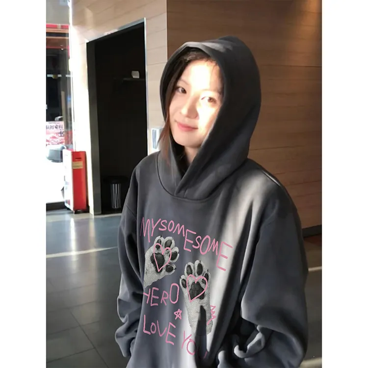 韩系潮流趣味猫爪字母连帽卫衣女秋季时尚慵懒风宽松减龄原宿卫衣