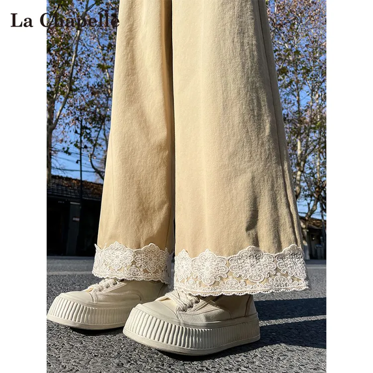 拉夏贝尔洗水棉阔腿裤子女秋季蕾丝拼接设计感宽松高腰九分直筒裤