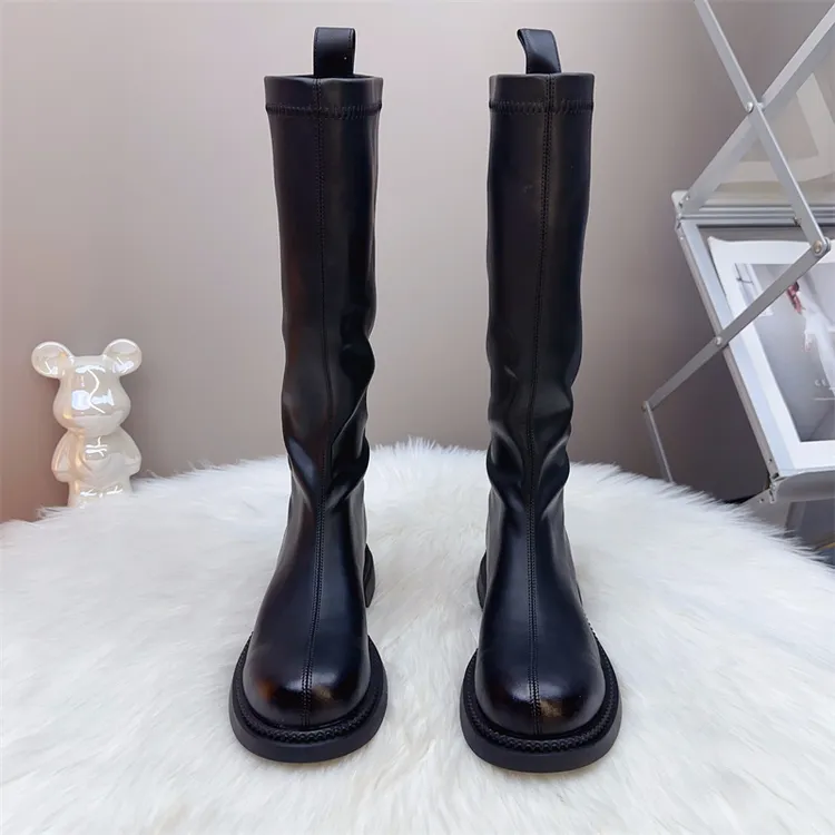 高个子薄底长筒靴女2025秋冬加绒时装靴平口女靴胖妹妹加肥骑士靴