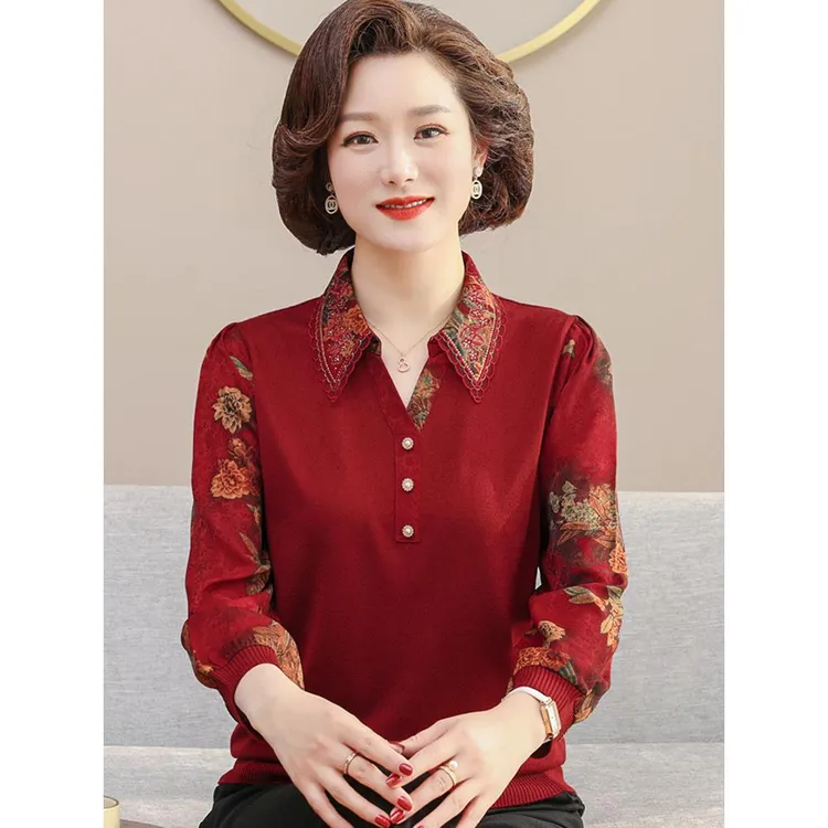 妈妈款翻领长袖T恤 中年女夏装喜庆衬衣中老年人婆婆春秋装上衣服