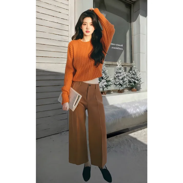 橘色毛衣内搭秋冬可外穿韩系简约休闲裤百搭洋气独特别致套装