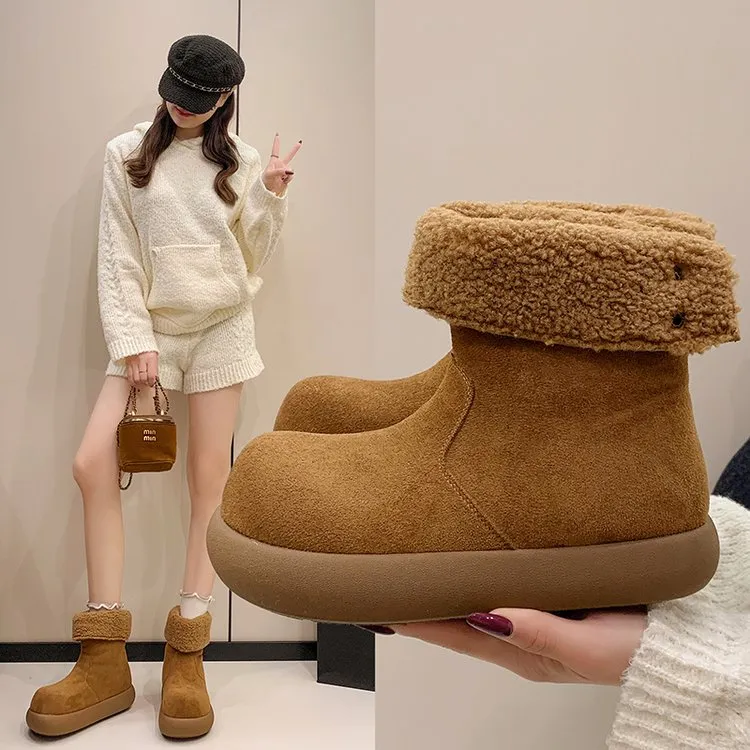 女鞋时尚雪地靴橡胶棉牛反绒磨砂皮圆头低跟冬季套筒雪防滑