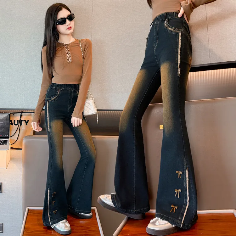 女童喇叭裤春秋韩版百搭秋款修身休闲潮酷牛仔裤大童秋季儿童裤子