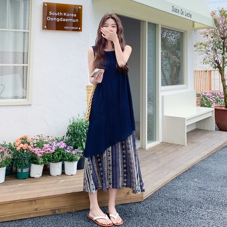 印花假两件拼接吊带连衣裙女夏2025新款超好看独特漂亮A字背心裙