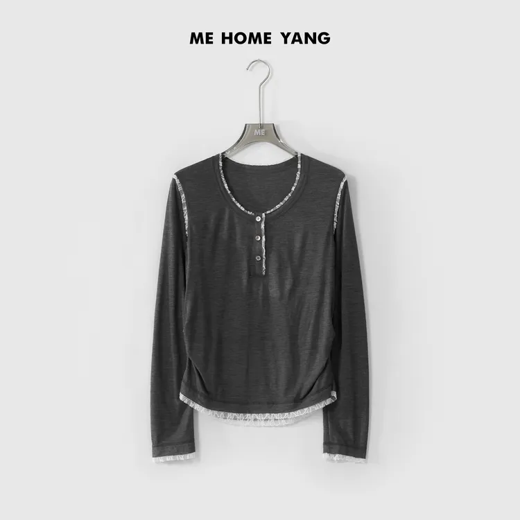 ME【蕾丝亨利衫】莱赛尔绵羊毛混纺轻柔肤感时尚百搭上衣MESS1046