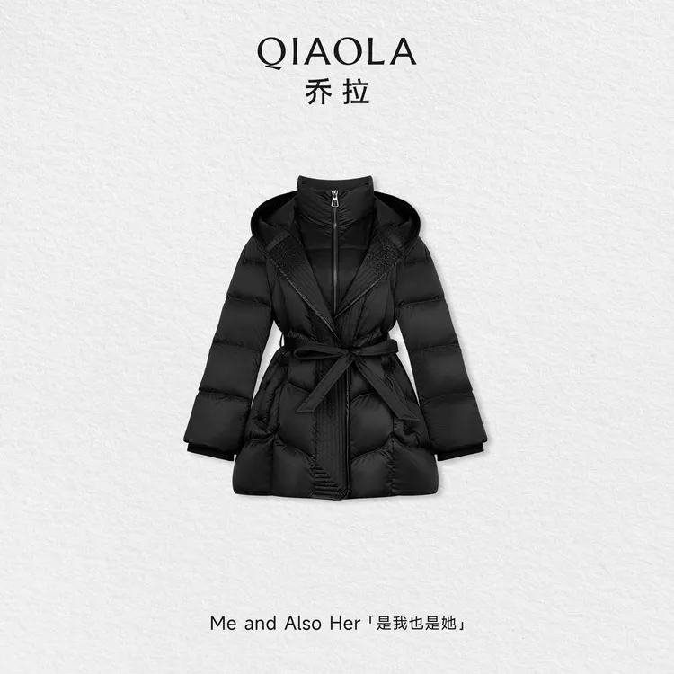 QIAOLA/乔拉【猎爱行动】秋冬季鸭绒连帽中长款保暖收腰羽绒服外套