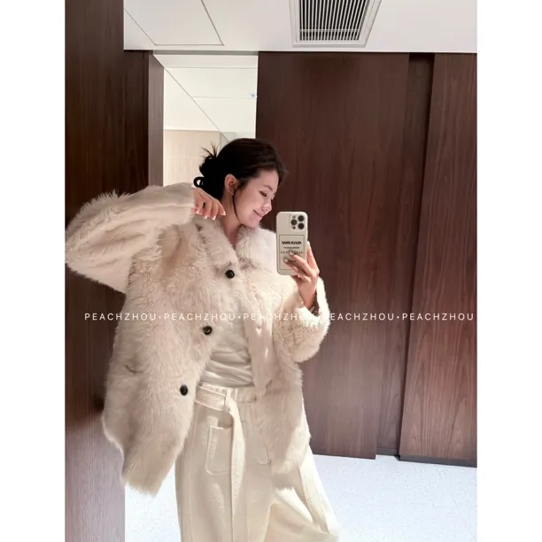 PEACHZHOU 西班牙进口托斯卡纳皮毛一体不压身宽松翻领皮草外套