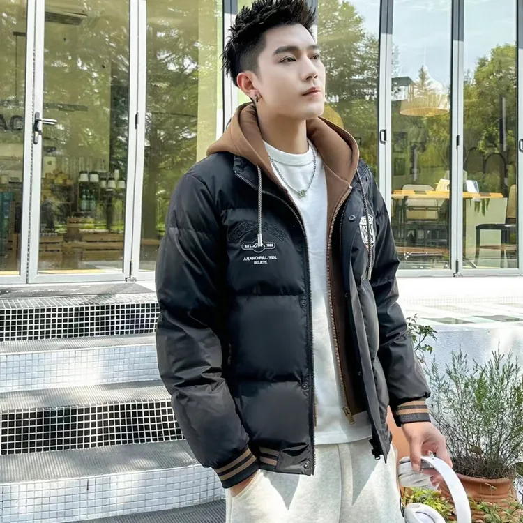 男士冬季假两件连帽加厚加绒休闲保暖短款鸭绒服外套男款