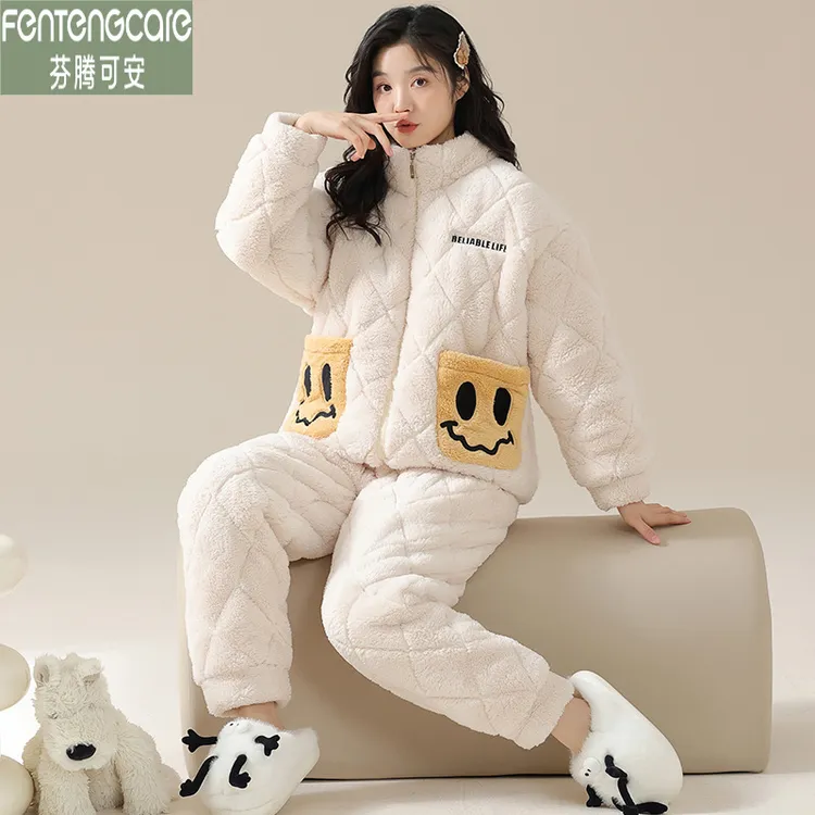 芬腾可安珊瑚绒睡衣女冬季三层夹棉冬天加厚加绒法兰绒保暖家居服