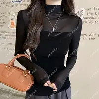 拼接半高领网纱打底衫女早秋新款气质修身内搭长袖薄款上衣