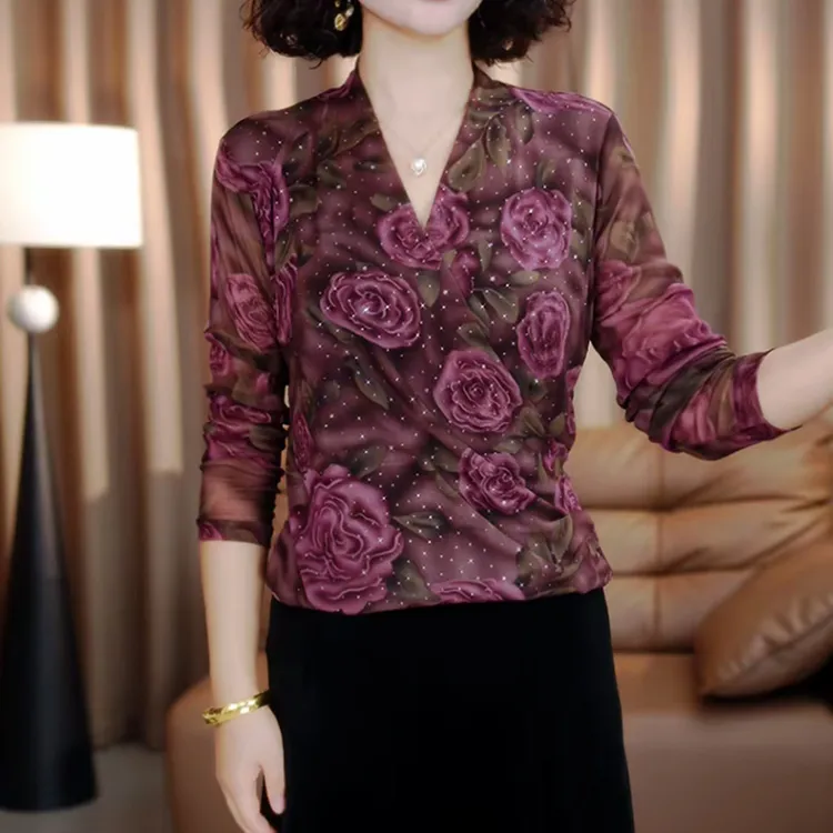 秋季新款烫钻时尚洋气百搭长袖小衫女气质高级显瘦V领网纱打底衫