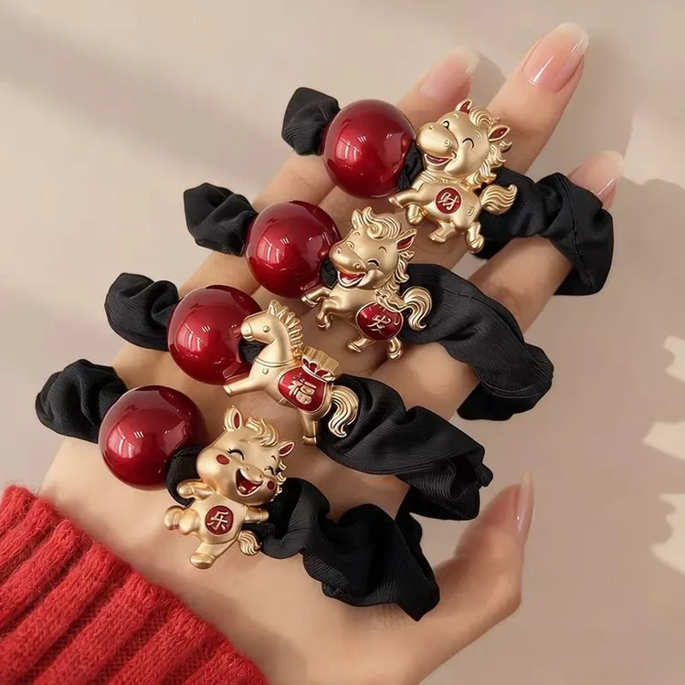 2026马年新年发绳发圈通用黑色本命年头绳头饰发圈皮筋扎丸子头饰