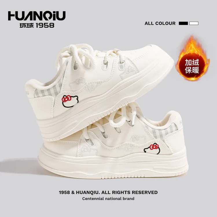 环球爆款加绒保暖潮流时尚厚底鞋女冬季可爱刺绣百搭休闲小白鞋