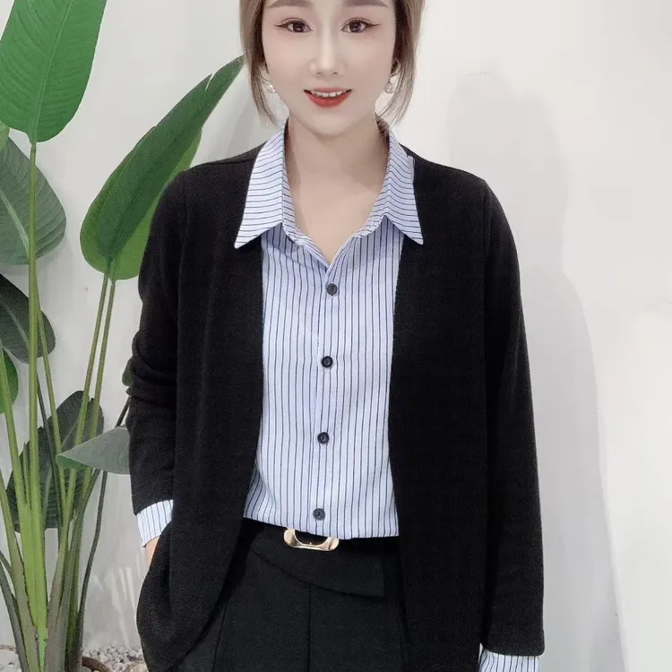 宽松型条纹拼接针织休闲百搭假两件衬衫气质长袖衬衣女装