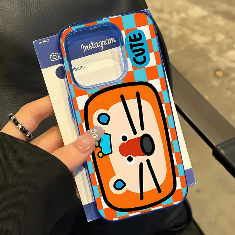 橘蓝格纹狮子适用iPhone16苹果14_15PROMAX软胶13手机壳12防摔11X