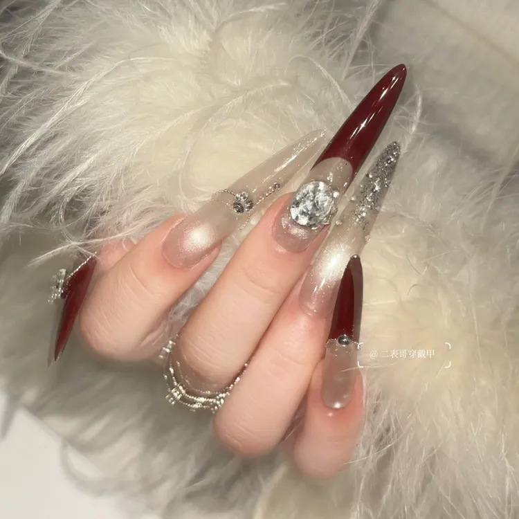 红玫瑰法式新年圣诞车厘子红纯手工裸显白高级感秋冬穿戴甲