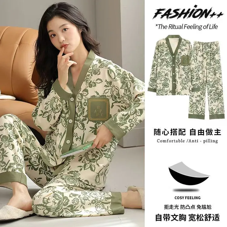 小丸子帕兰朵2025款秋冬家居服纯棉女睡衣和服领带胸垫长袖两件套