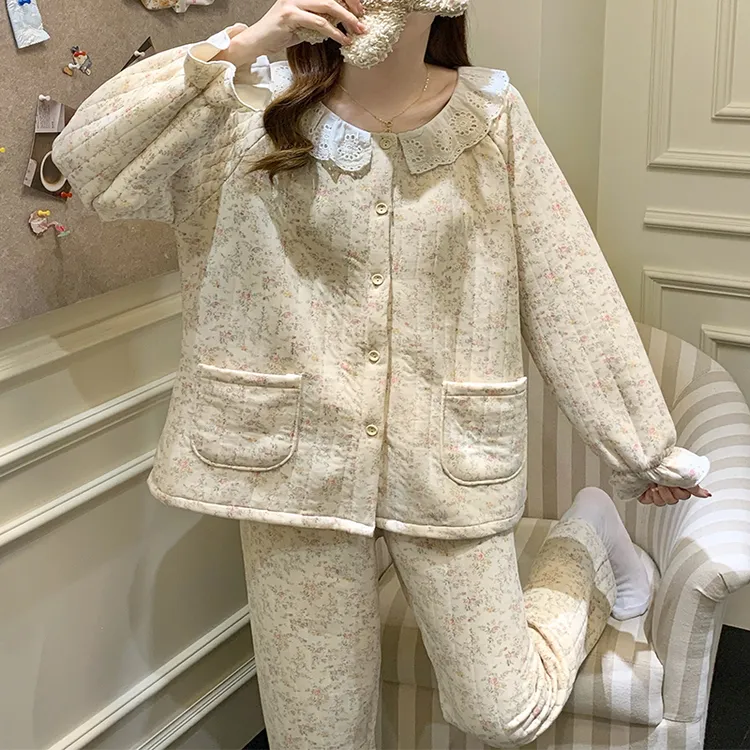 METINBARLEN密汀巴灵保暖棉夹层两件套秋冬蕾丝花边睡衣女家居服