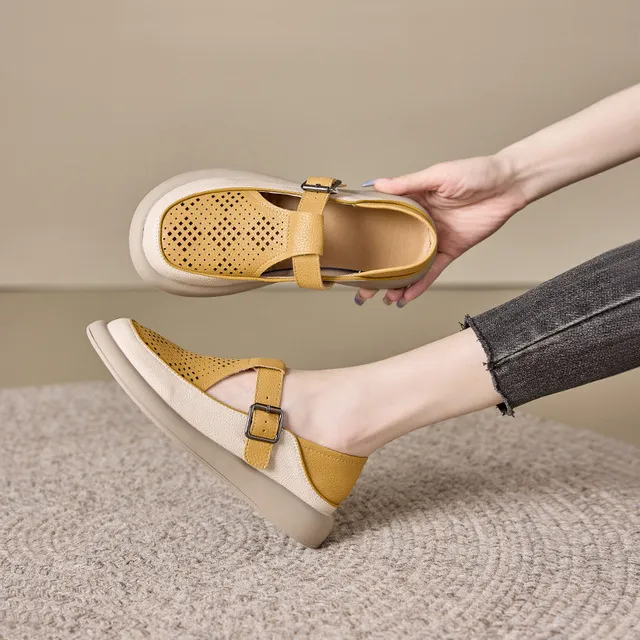 包头罗马凉鞋女2025年新款春夏季平底休闲洞洞鞋真皮软底镂空单鞋