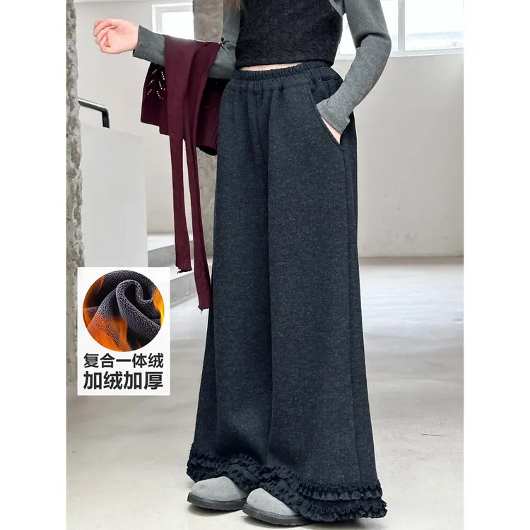 女童一体绒花边直筒裤秋冬款2025新款儿童加绒阔腿裤洋气时髦长裤