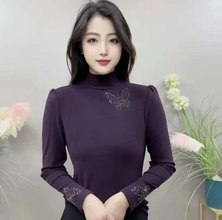 YLY89168冬季上新纯色亮钻蝴蝶中高领款气质百搭上衣