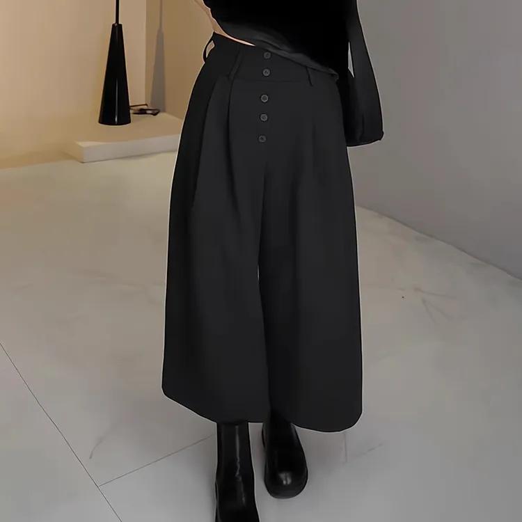 高腰单排扣压褶阔腿裤女秋季新款胖MM大码女装显瘦垂感八分休闲裤