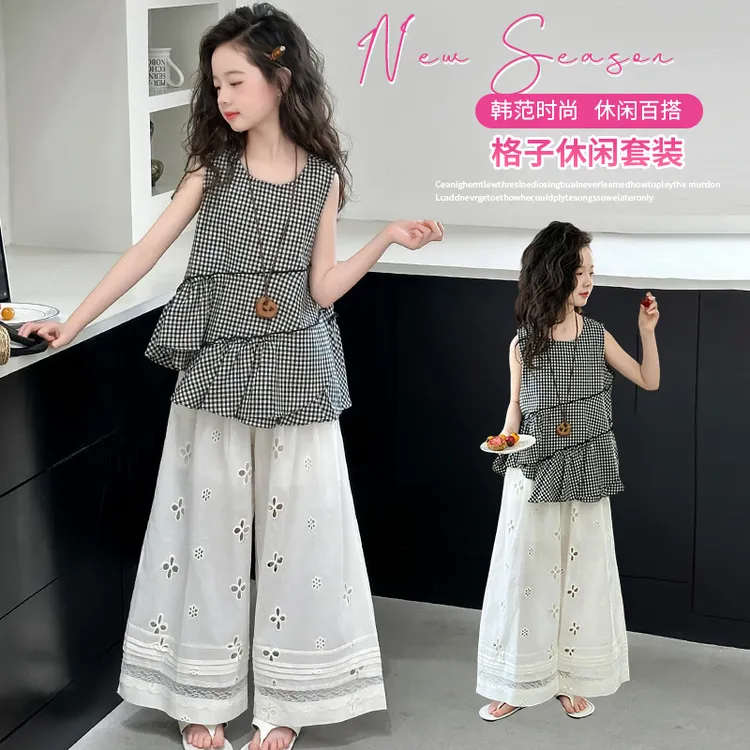 儿童夏季女童网红格子宽松韩版套装套头甜美童装中大童女孩外穿潮