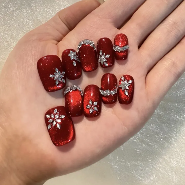 【十里红妆】纯手工高定款穿戴甲秋冬红色美甲高级感红宝石猫眼