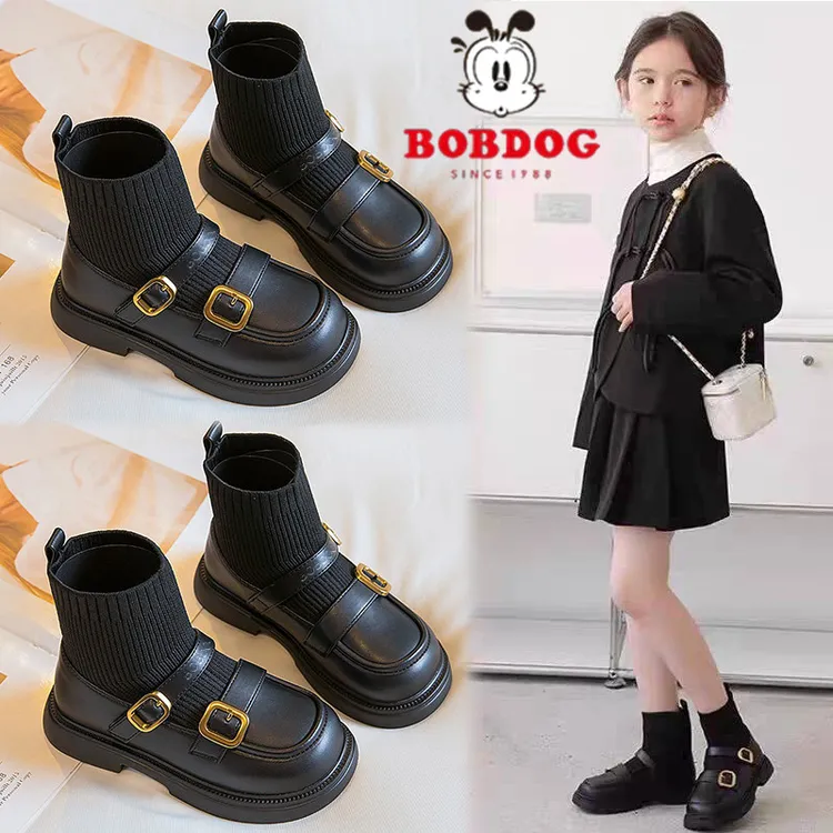 巴布豆女童软底马丁靴2025新款女孩秋冬季加绒皮靴小公主洋气袜靴