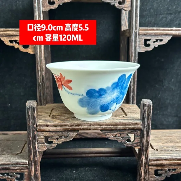 景德镇全手绘荷塘美景釉下五彩主人杯手工陶瓷功夫荷花品茗杯