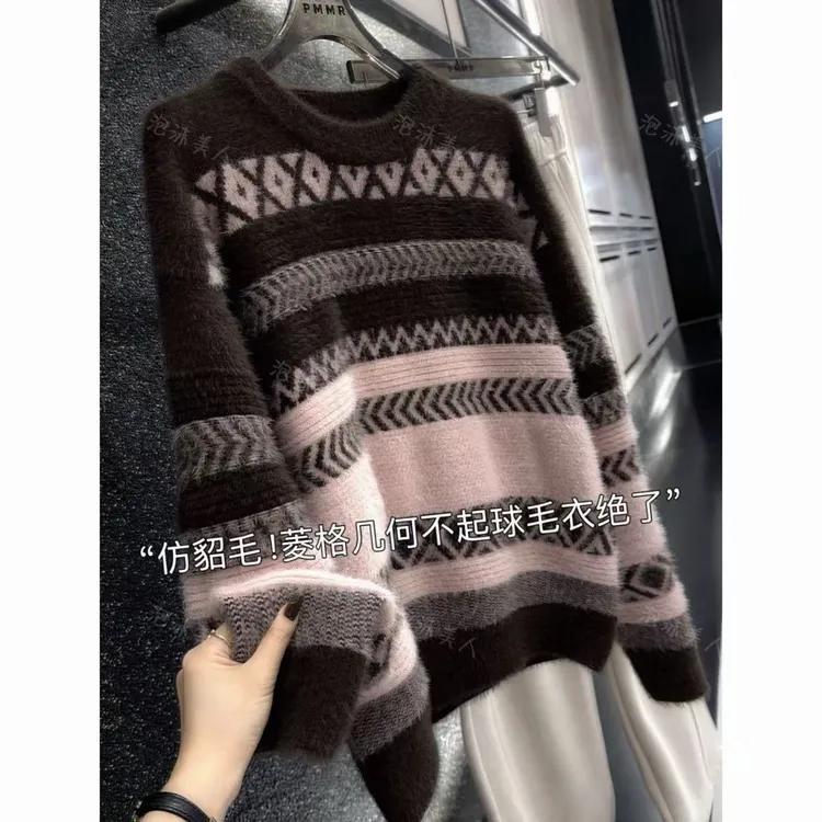 菱格不起球毛衣」仿貂毛加厚冬季宽松针织毛衣女秋冬新款显白洋气