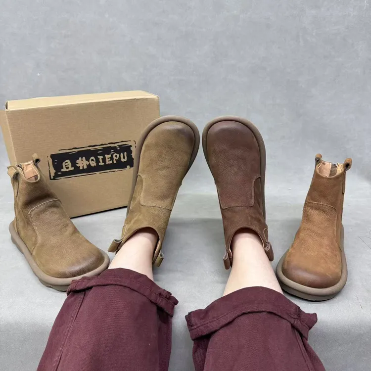 3338-2春秋季新款后拉链中筒磨砂皮低跟平底女靴休闲复古百搭