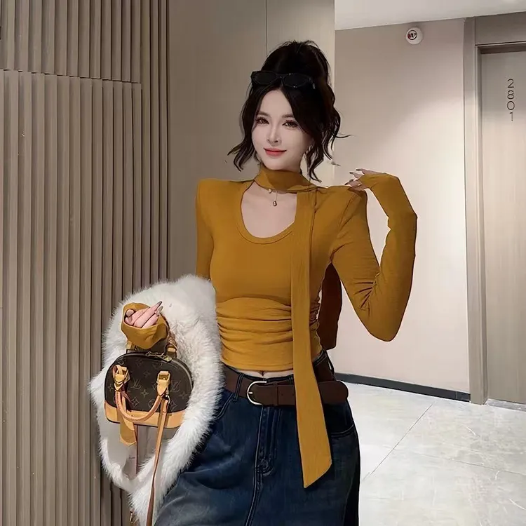 秋冬新款时尚百搭韩系T恤领飘带加绒上衣女