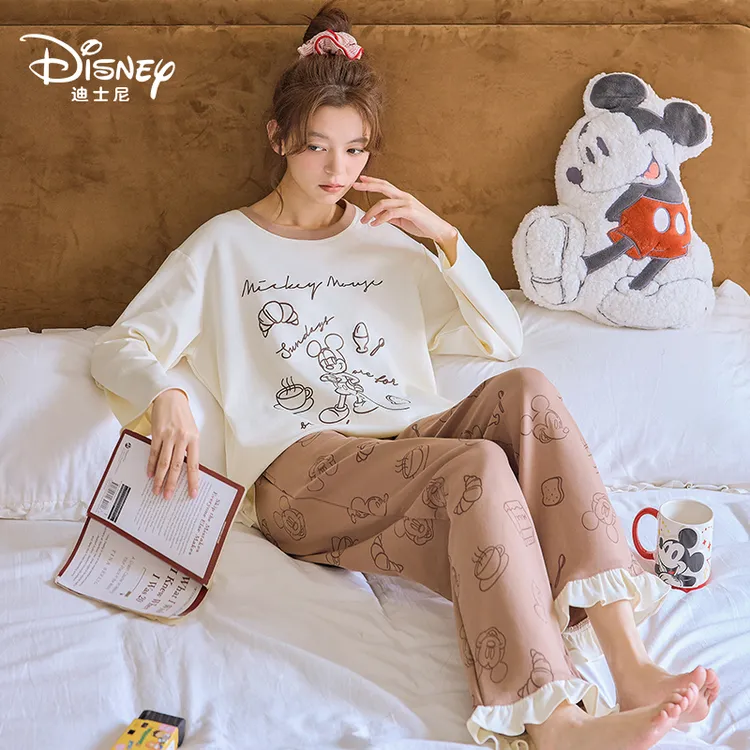 Disney/迪士尼秋冬套头长袖带胸垫睡衣简约休闲纯棉家居服0163