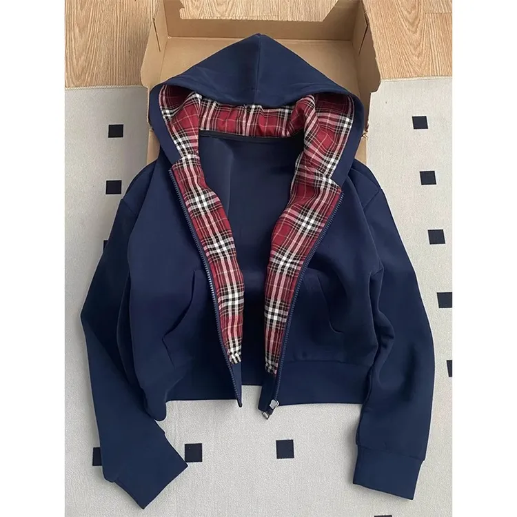 【云云专属】短款卫衣外套女春秋季美式复古连帽撞色格子小个子开衫