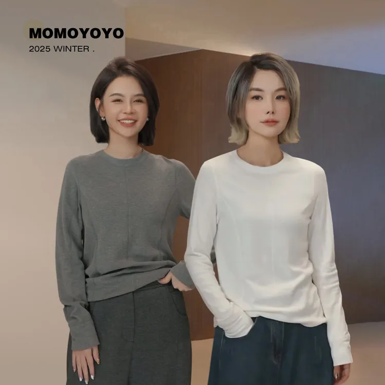 辰辰妈【显瘦切割】圆领T恤女2025秋冬百搭长袖针织上衣汉服8786DM